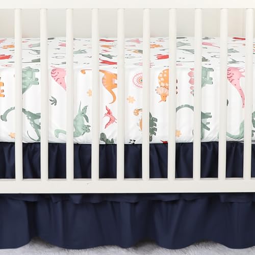 Image of Crib Bedding Set for Boys, Baby Crib Bedding Set 4 Piece, Baby Boy Nursery Bedding Set Including Comforter, Fitted Crib Sheet, Crib Skirt, Diaper Stacker, Blue Dinosaur