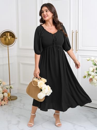 Image of CICIDUDU Women's Plus Size Maxi Dress Wedding Guest Half Sleeve V Neck Bowknot Smocked Milkmaid Flowy Dresses for Women
