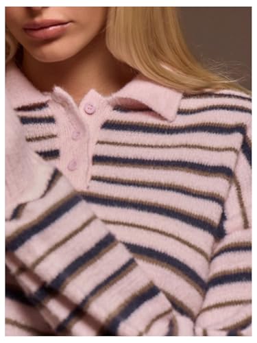 Women's Striped Lightweight Golf Sweaters Long Sleeve Collared Button Loose Fit Pullover Tops4