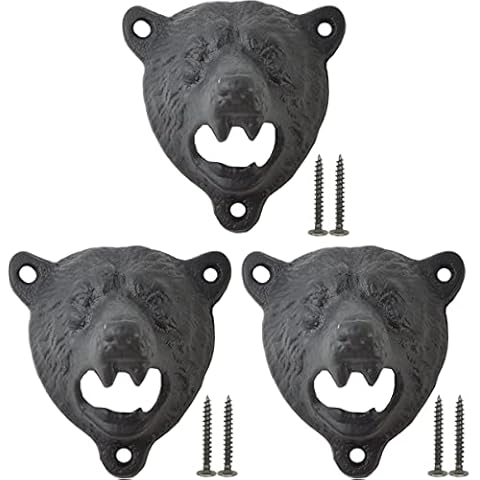 NSBELL 3PCS Cast Iron Bottle Opener Bear Vintage Wall Mount Grizzly Bite Bottle Opener Cover