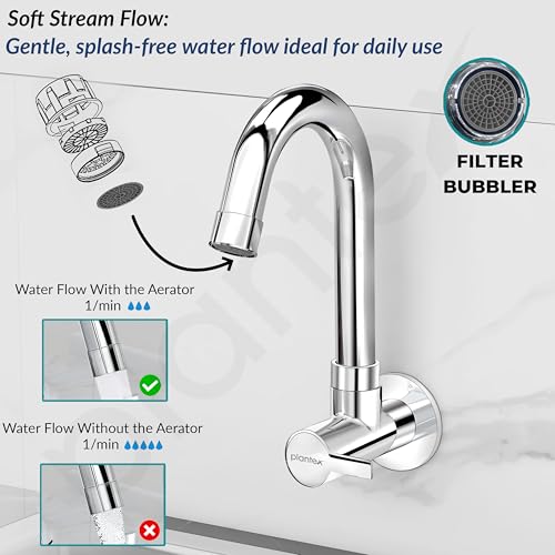 Image of Plantex Sink Taps for Kitchen Basin with Brass Spindle /Wall Mount Tap for Kitchen Sink with Wall Flange & Teflon Tape /Sink Cock Tap - Pack of 1 (Rio, Chrome)