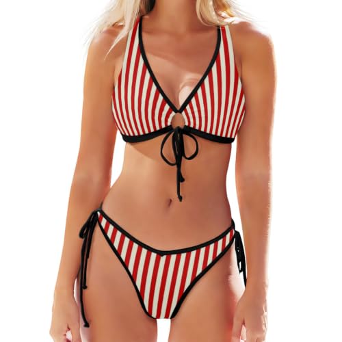 Bikini incurvé 3D rouge GuoChe | Maillot de bain 2 pièces à rayures fines pour femmes