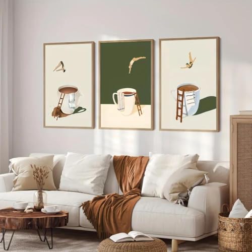 Lienzo de buceador de café para decorar un dormitorio moderno con arte divertido en tres piezas 3