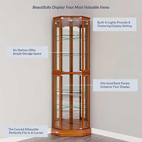 Image of BELLEZE Lighted Curio Cabinet Corner Display Case for Living Room, China Hutch with Tempered Glass Doors and Shelves, Wooden Accent Cabinet, Bar and Liquor Storage Area - Ashfield (Oak)
