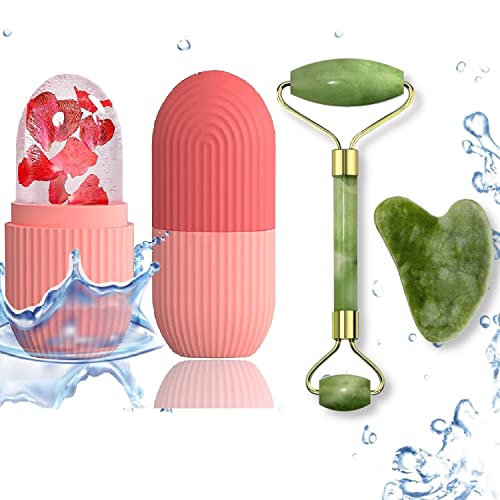 Face Stone Jade Roller Massager with Gua Sha Stone And Ice Roller Set Facial Roller 100% Natural Stone Jade Roller For Skin Eye Neck Body Ice Cube Roller Women Men Beauty Silicone Reusable