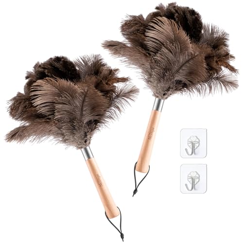 Image of 2 Pack Ostrich Feather Dusters for Cleaning with Wooden Handle, 13.5 inch