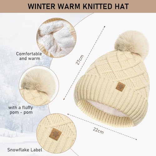 Bseical Mütze Schal Handschuhe Set Damen Winter Warme Wintermütze mit Bommel & Weiches Fleecefutter, Loop Schal Schlauchschal Winterschal Winterhandschuhe für Weihnachten Geschenk für Frauen 3in1 Set