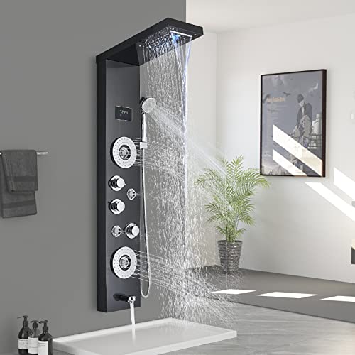 Saeuwtowy Colonne de Douche Hydromassante Noir LED Multi-fonctionnel Acier Inoxydable LCD Ensemble Panneau de Douche Installation au Mur Cover
