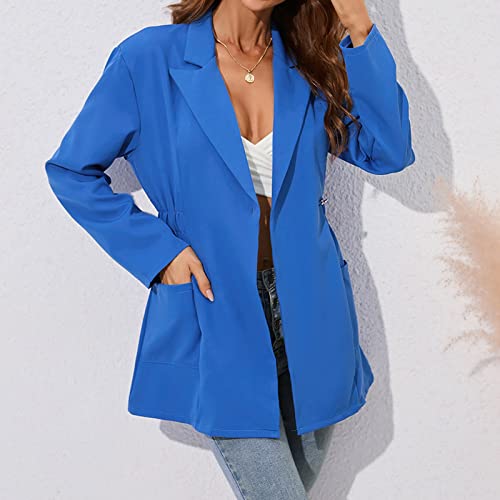Women's Autumn And Winter Solid Color Lapel Waist Pleat Long Sleeve Blazer Hooded Trench Coat Women (Blue, S) #TOP1