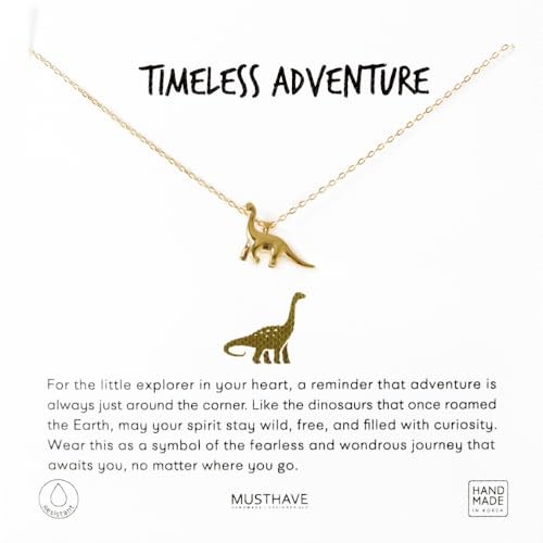 MUSTHAVE Brachiosaurus Dino Necklace 18K Gold Plated Cute 3D Dinasour Necklace Message Card Adventure Dainty Anchor Chain 16+2 inch Extender (Yellow Gold)