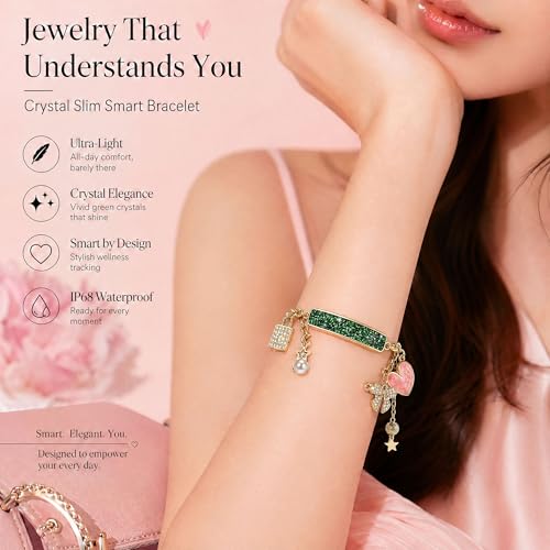 Image of 2-in-1 Crystal-Inlaid Smart Bracelet for Women, Jewelry Fitness Tracker with Heart Rate, Sleep & Cycle Tracking, IP68 Waterproof, Interchangeable Bands (Gold Emerald Charm)
