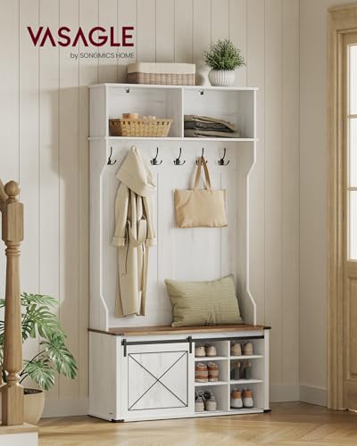 Image of VASAGLE Hall Tree with Bench and Shoe Storage, Coat Rack with Shoe Bench, Entryway Furniture, 6 Tri-Hooks, Sliding Door, Farmhouse Style, Space Saving, Rustic White and Honey Brown UHSR442W01V1