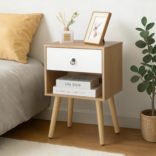 LEADZM Table de Chevet, Tables Basses avec 1 tiroir 1 étagère Ouverte Table d'appoint, Meuble de Nuit, Commode de Nuit, 38 x 30 x 55 cm (1, Chêne&Blanc)