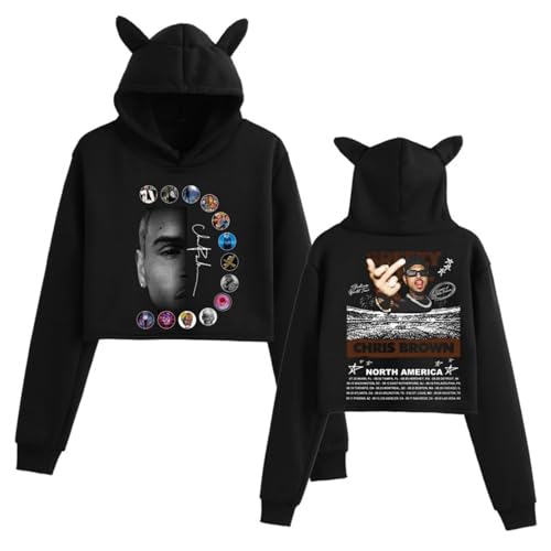 Photo de Pdaidou Sweat À Capuche Chris Brown Tour Merch avec Oreilles De Chat Sweat Shirt À Manches Longues Tendance Et Mignon pour Filles Haut Décontracté Hip Hop Hoodie-Black||x_l