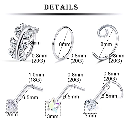 Kridzisw 18G 20G Nose Rings Studs Hypoallergenic 316L Surgical Steel L Shaped Screw Nose Rings Hoops Silver Heart Star Diamond Nose Piercing Jewelry for Women Men 42pcs2