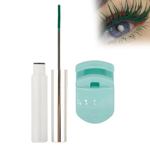 Set Colourful Mascara+Eyelash Curler, Waterproof Curling Mascara, Alarga las Pestañas, Aporta Volumen y Grosor, Resiste las Manchas y los Grumos, Crea Diversos looks para los Ojos (Green)