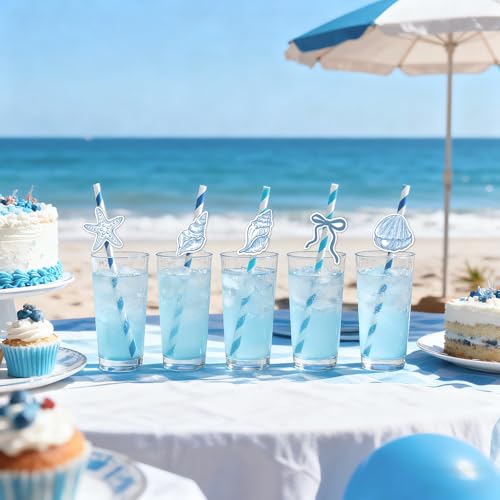 50 pitillos de papel tema océano azul miniatura 2