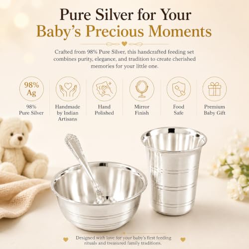 Image of 98% Pure Silver Baby Feeding Set | 3-Piece Silver Bowl, Spoon & Glass Tumbler | Ideal Gift for Baby Shower, Annaprashan, Naming Ceremony, Newborn, Housewarming & Diwali