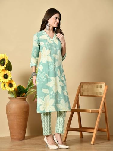 Image of Amazon Brand - Tavasya Women Cotton Anarkali Kurta Pant Dupatta Set | Printed Ethnic Suit Set | Flared Anarkali Kurta with Pant & Dupatta | Festive & Casual Wear