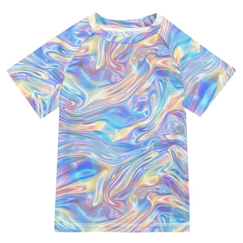 Boys Rash Guard Short Sleeve Swim Shirts for Boys Holographic Print Sun Protection 7-8T