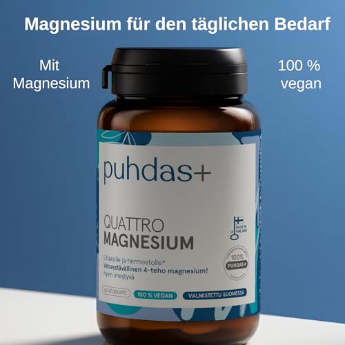 puhdas+ Quattro Magnesium | Hochdosiert | 60 vegane Kapseln | Magnesium-Komplex aus Magnesiumtaurat, Magnesiummalat, Magnesiumcitrat & Magnesiumhydroxid | Hergestellt in Finnland