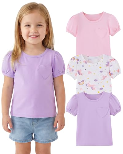 Coaturi 3 Pack Toddler Girl Shirts: Short Puff Sleeve Cotton T-Shirts Round Neck Heart Tops Summer Tee Size 18M-5Y(Pink/Purple/Unicorn 3-4Years)