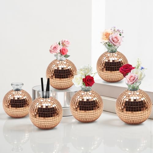 Decorazione a Forma di Vaso con Sfera da Discoteca: Vaso di Fiori per Centrotavola - Decorazione a Forma di Sfera a Specchio Vasi di Fiori per Tavolo Festa Matrimonio Decorazione per la Casa (Red)
