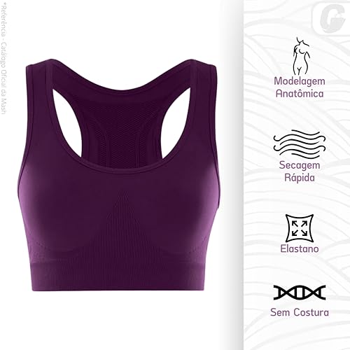 She By Mash Top Esportivo Academia Microfibra de Poliamida Sem Costura Alta Sustenção, Berinjela, G