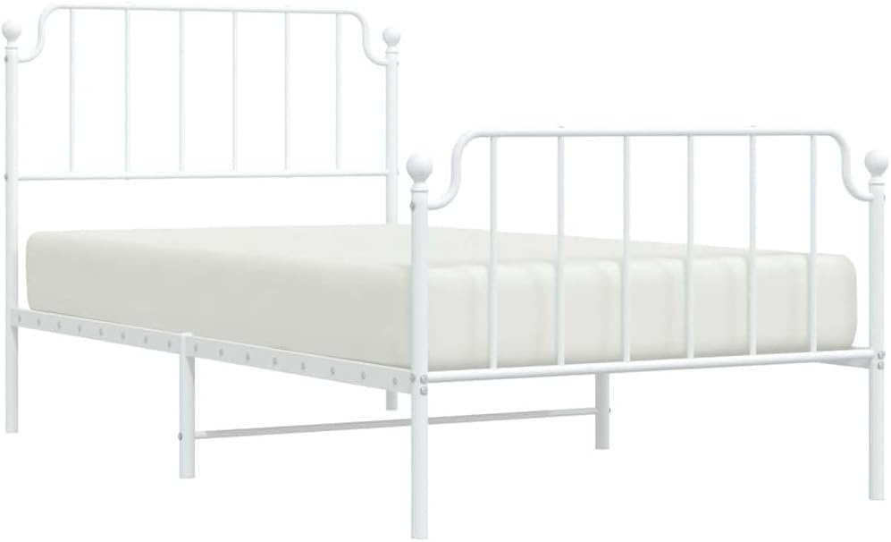 vidaXL Twin Metal Bed Frame with Headboard and Footboard, Under Bed Storage Space, Sturdy Steel Construction and Easy Assembly, Minimalist Style, White, 12'' High, Without Mattress