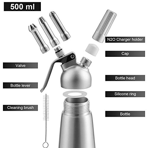 Foto von Yakimz Sahnespender Aluminium/Edelstahl Sahnesyphon, 0,5 L Mit 3 Edelstahl Deko-Düsen und Reinigungbürste für die Zubereitung von Schlagsahne, Creme, Mousse (1x Aluminium Sahnespender, Aluminium)