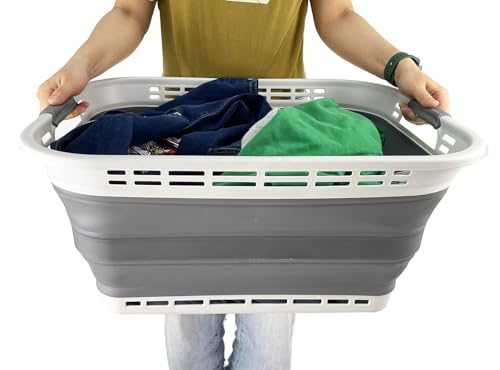 Image of SAMMART 42L (11 gallons) Collapsible Plastic Laundry Basket - Portable Pop Up Storage Container /Organizer - Portable Hamper - Space Saving Easy Storage (Grey /Steel Grey (Set of 2))