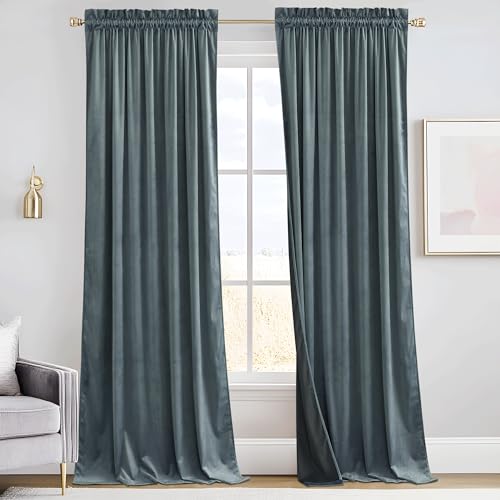 Image of RYB HOME Dusty Blue Velvet Drapes 84 inches for Boy Bedroom | Thermal Insulated, Privacy, Sunlight UV Heat Blocking, Luxurious Decor, Dining Room Nursery, Rod Pocket, W52 x L84, 2 Panels