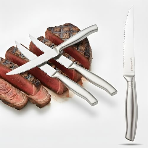 AMUSHOME Steak Knives Set of 4 – Stainless Steel Steak Knife with Sharp Serrated Edge & Ergonomic Non-Slip Handle, Rust-Free & Scratch Resistant