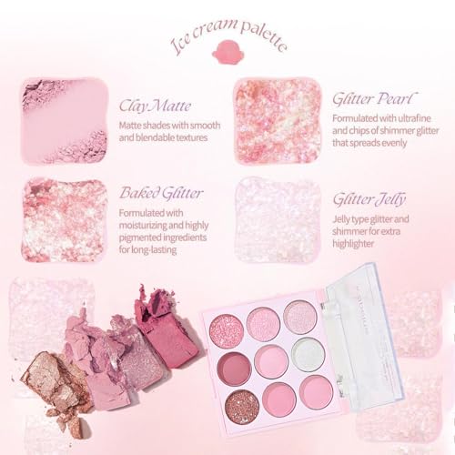 Pink Eyeshadow Palette Make-Up Palettes, Shimmer Eye Shadow Pallets for Women, Glitter Eyeshadow 9 Colour Nude Natural, Waterproof Long Lasting Highly Pigmented with Brush - Image 4