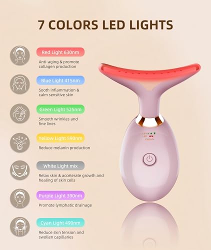 7 color face and neck massager light therapy red light based facial massager for skin care firming smoothing pink