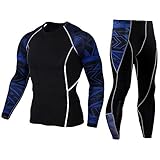 Men's Workout Set Compression Shirt and Pants Top Long Sleeve Sports Tight Base Layer Suit Quick Dry & Moisture-Wicking Blue L
