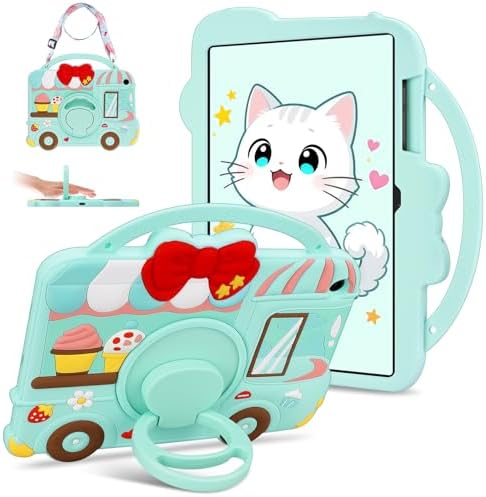 for Samsung Galaxy Tab A9 Plus Case Kids Girls Galaxy Tab Case with 360 Degree Kickstand Shoulder Strap Dessert Ice-Cream Cart Pattern Shockproof Cover for Samsung A9 Plus Tablet Cover 11 inch 2023