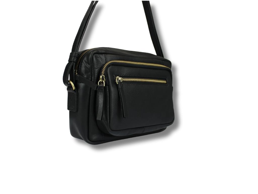 Bolso bandolera de piel auténtica con varios compartimentos con cremallera, compacto y claro