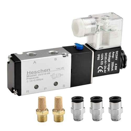 Heschen Electrical Pneumatic Solenoid Valve 4V210-06 24VDC PT1/8 5 Way 2 Position Single Coil Pilot-Operated Electric CE with Fittings and Muffler