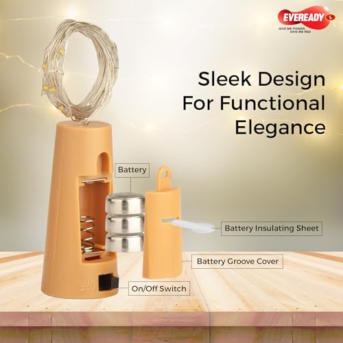 Image of Eveready Utsav, 2 Meter LED Rice Lights with Cork, 20 Bright LEDs, Operates with 3 pcs of LR44 Coin Battery, Copper String, Decorative Fairy Lights, Diwali, Christmas, Wedding, New Year & Home