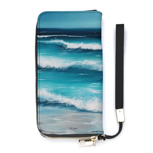 YJWANDL Carteira feminina de couro PU, estampa de paisagem marítima original turquesa para mulheres, carteira de mão com porta-cartões, estilo, 20 x 10,5 cm, moderna