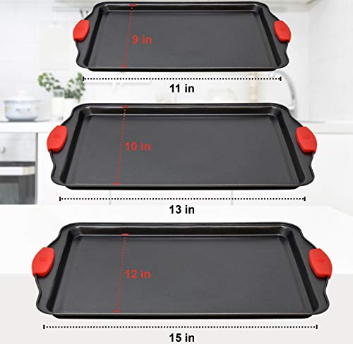 Bakeware Nonstick Cookie Sheet Oven Baking Pan Tray 3-Piece Set (Small, Medium And Large), Carbon Steel Non Stick Bpa Free Cooking And Baking Trays For Cakes And Cookies With Silicone Grips By Perlli #TOP2