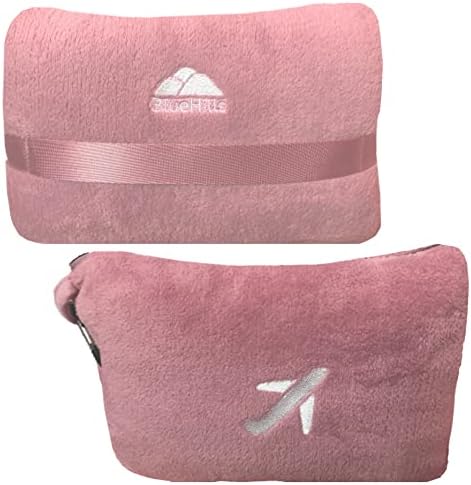 BlueHills Travel Blanket Pillow in Mini Soft Case Premium Plush Airplane Blanket in Soft Bag Compact Pack with Luggage Belt and Backpack Clip – Dusty Rose Pink M02