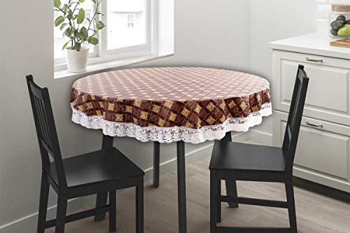 Image of The Furnishing Tree Round Shaped WxL 48x48 Inch Center Table Cover Basketweave Pattern Brown, Waterproof PVC