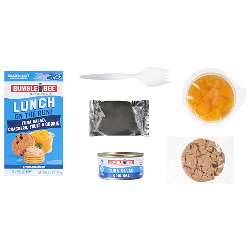 Image of Bumble Bee Lunch On The Run Tuna Salad with Crackers Kit, 8.2 oz - Ready to Eat, Includes Crackers, Cookie & Peaches - Wild Caught Tuna - Shelf Stable & Convenient Source of Protein (Pack of 6), Easy Open Cans
