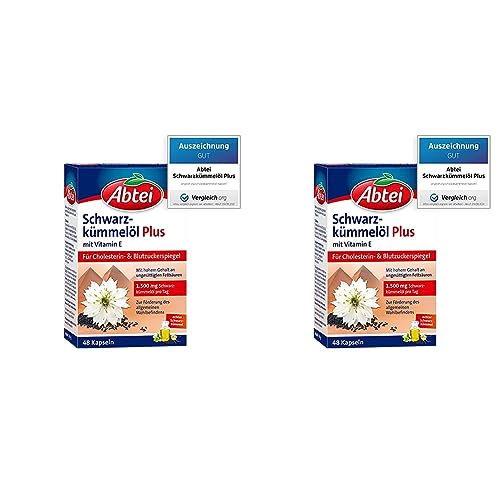 Abtei Schwarzkümmelöl Plus - mit Vitamin E - Nahrungsergänzung für Cholesterin- und Blutzuckerspiegel - 1 x 48 Kapseln (Packung mit 2)