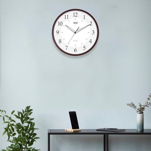 Image of Ajanta 12 Inches Silent Sweep Radium Analog Wall Clock - Night Glow, White Dial - 30x30 cm, Brown W, Plastic