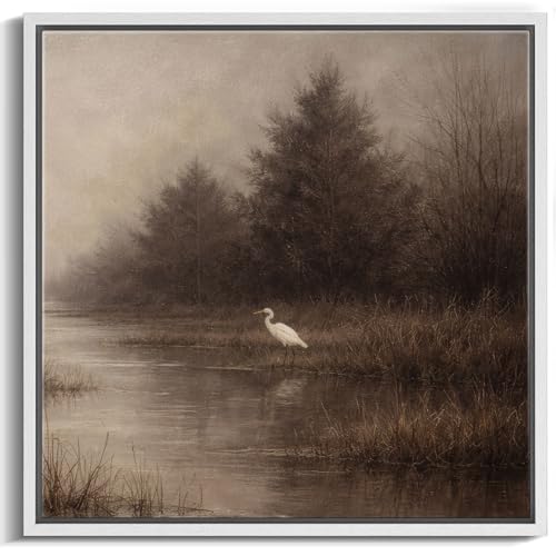 MUDECOR Framed Canvas Print Wall Art Egret in Misty Wetland Canvas Illustrations Realism Decorative Scenic Panoramic Earth for Living Room, Bedroom, Office - 24"x24" White