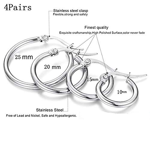 4 Pairs Stainless Steel Round Hoop Cute Huggie Earrings For Women Small Hoop Earring Set(10mm,15mm,20mm,25mm)2