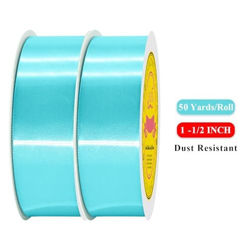 Image of 100 Yards Turquoise Green Satin Ribbon Polyester Ribbon for Gift Wrapping Very Suitable for Weddings Party Hair Bow Invitation Decorations and More（1-1 /2 inch X 50Yards X 2 Roll）